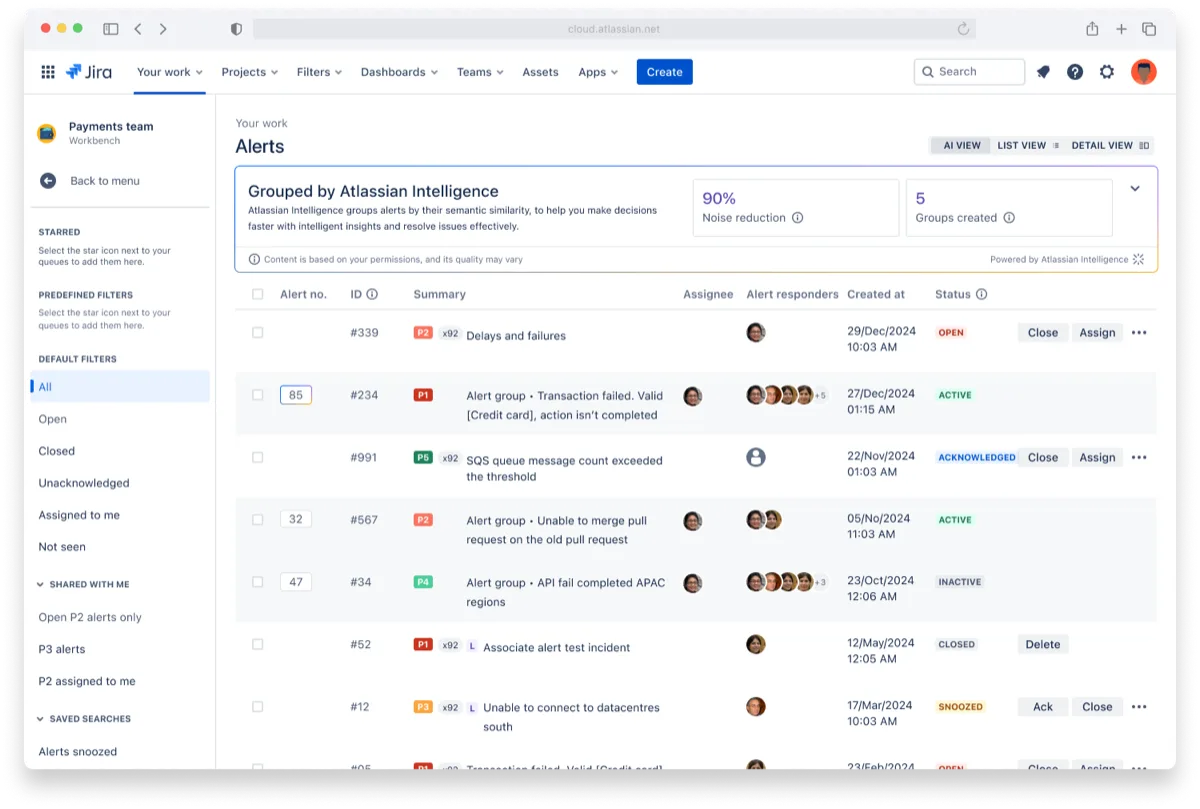 Màn hình Atlassian Intelligence tự động gom nhóm cảnh báo