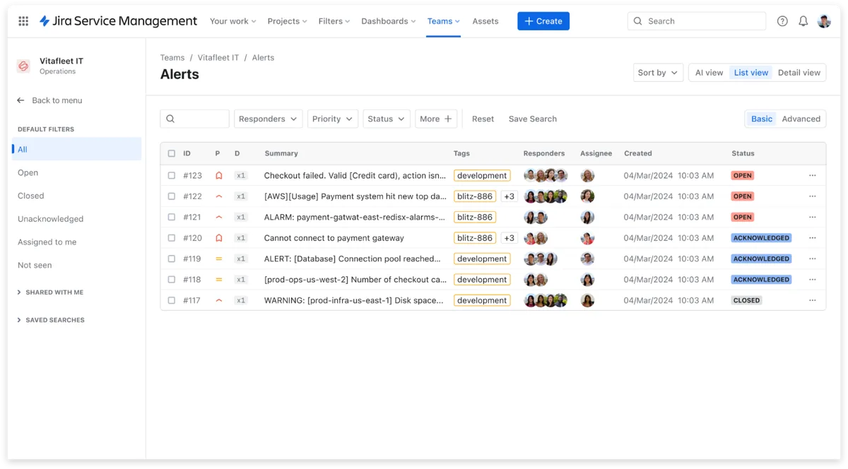 Màn hình danh sách cảnh báo Jira Service Management