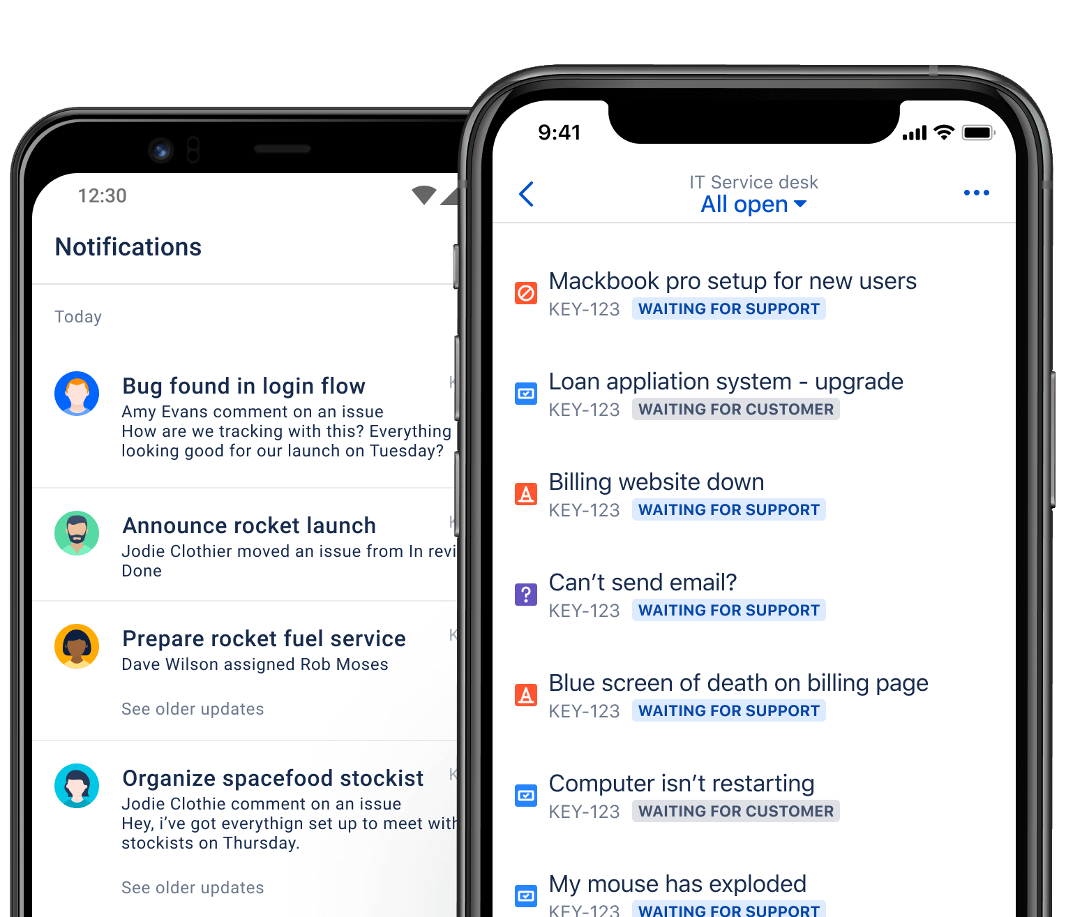 Jira Service Management 行動 App：通知中心與 IT 服務台工單列表畫面