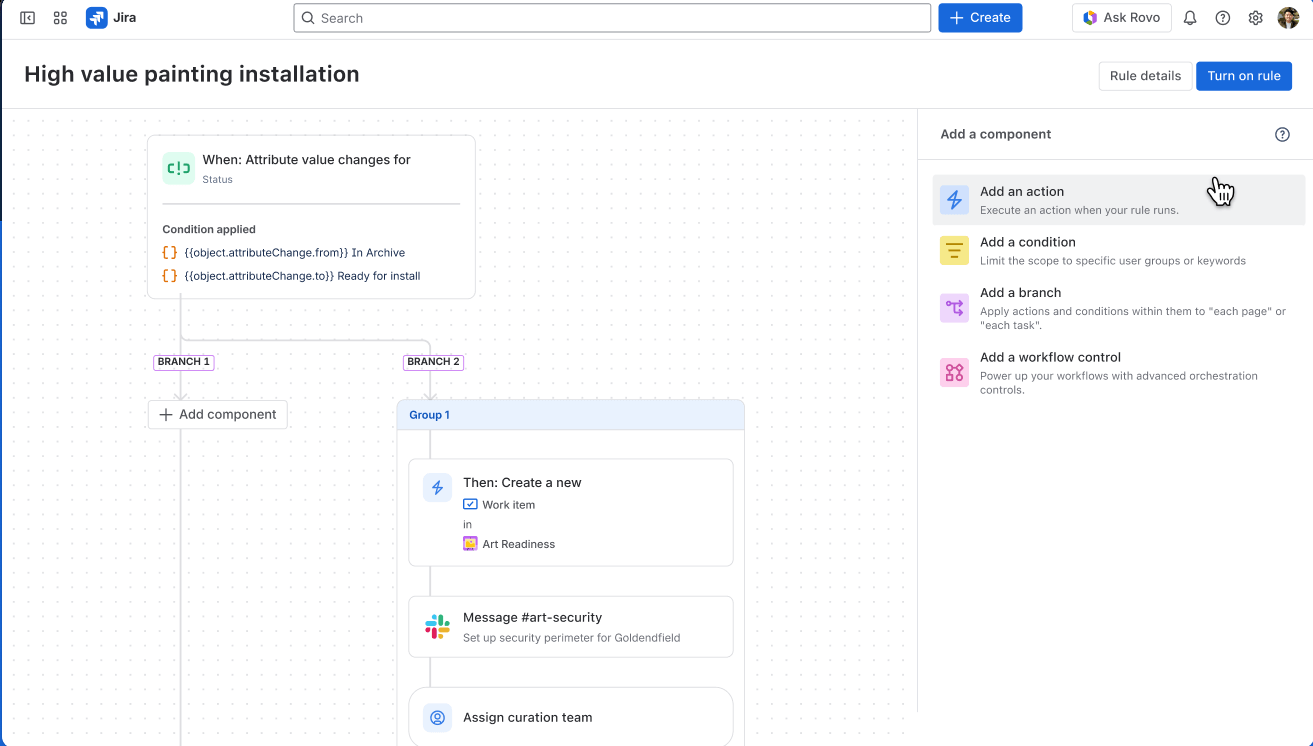Jira 自動化規則：當畫作狀態變更，建立工作項、Slack 通知 art-security、指派策展團隊