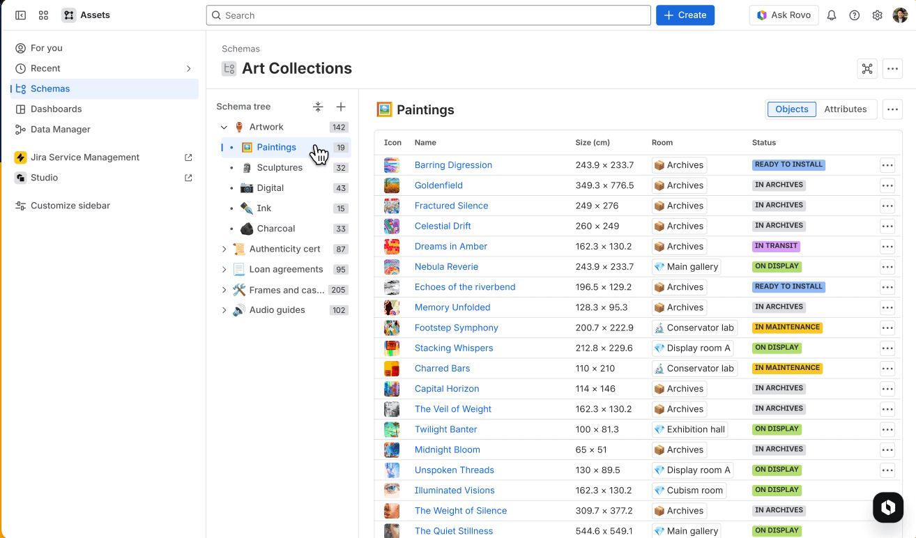Atlassian Assets 物件清單：Art Collections schema 的 Paintings 物件，含名稱、尺寸、存放位置與狀態