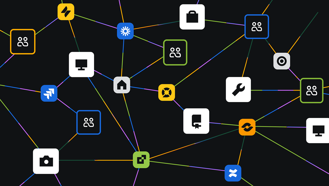 Teamwork Graph 知識圖譜：各種 Atlassian 產品、人員與業務物件節點，用彩色線條相連